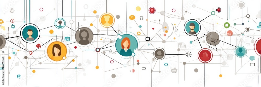 Aufkleber Network Grid Showcasing Avatar Icons Linked by Connection Lines Representing Digital Interaction and Communication Among Users
