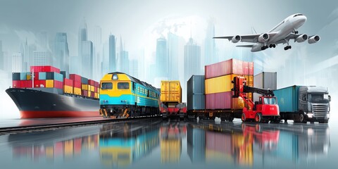 Naklejka premium Modern logistics transportation with cargo ship freight train truck and airplane
