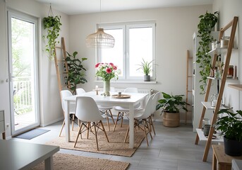 Bright dining room with white table chairs and plants creating a fresh and inviting atmosphere