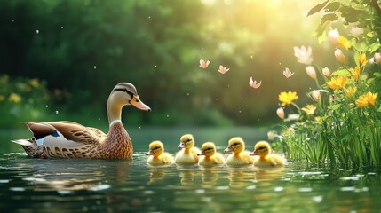 Peaceful mother duck swimming in lake with adorable ducklings surrounded by lush green foliage and colorful flowers on bright sunny day for nature wildlife