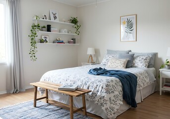 A bright bedroom with shelves decorated with plants and a bed with a blue throw blanket on it