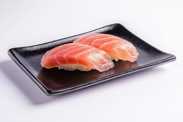 sliced red snapper sashimi on a black square plate with solid