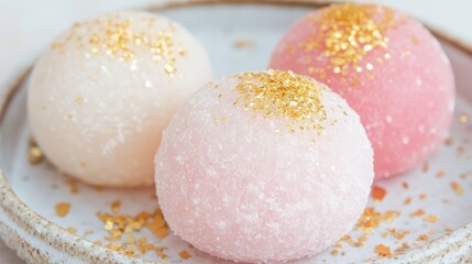 Delicate Pink and White Mochi with Gold Flakes on Elegant Plate