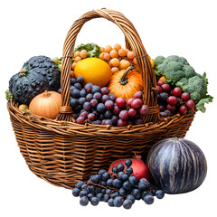 Assorted fruits and vegetables in wooden basket