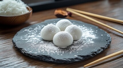 Soft White Mochi Dusting with Rice Flour on Elegant Slate Plate