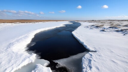Obraz premium Frozen river meanders through a snowy landscape under a clear blue sky. Patches of ice and snow