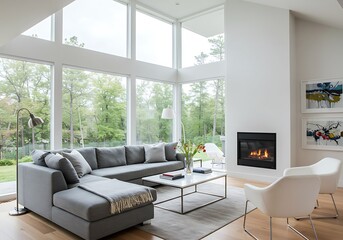 Fototapeta premium Interior of a modern living room with large windows and gray sectional sofa and fireplace feature wall decor