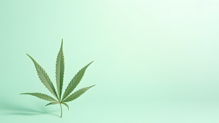 Fototapeta premium Crisp mint and rose gold cannabis leaves contrast on a seafoam gradient. Frosted matte textures and clean lines create a refreshing HD aesthetic.