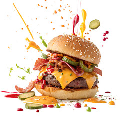 Creative and Messy Hamburger Exploding with Toppings, Cheese, Pickles, Bacon, and Sauces on White Background


