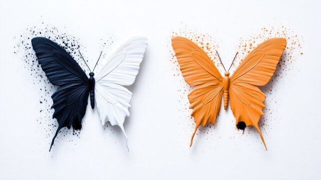 Two butterflies, one black and one white, and one orange, representing duality and change.  Splashes of color around them