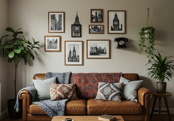 A living room featuring a brown leather couch with pillows and framed city building pictures on the wall