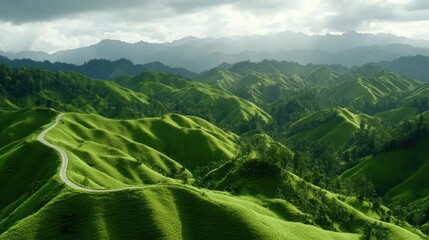 Lush green hills, winding road, mountainous landscape