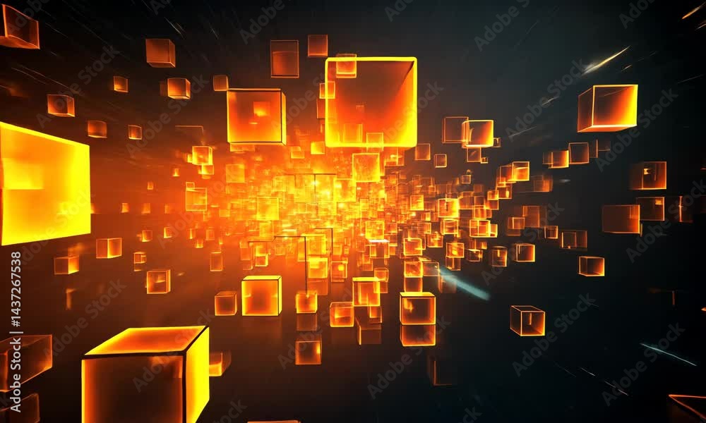 Poster dynamic swarm of luminous orange cubes floating in a cosmic void, creating an otherworldly geometric