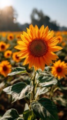Obraz premium Vibrant sunflower in a field of sunflowers at sunrise. Possible use Nature background, greeting card, or phone wallpaper