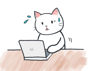 リモートワーク中にトラブルが発生して焦る白猫