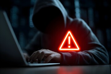 System hacked warning alert, Man using laptop with cyber attack network, virus, spyware, scam or Malicious software. Cyber security and cybercrime. Compromised information internet