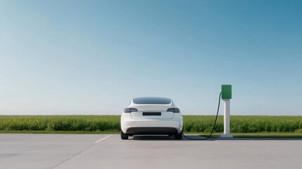 modern white electric vehicle (EV) charging at a charging station outdoors in a countryside setting, symbolizing clean energy and sustainable transportation
