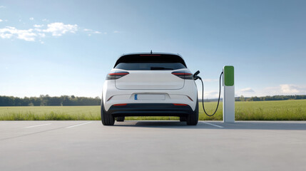 modern white electric vehicle (EV) charging at a charging station outdoors in a countryside setting, symbolizing clean energy and sustainable transportation