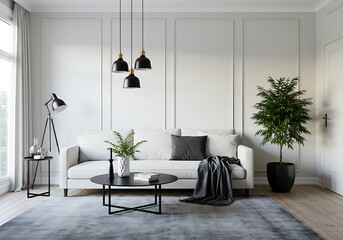 A living room with a white sofa black lamps and table and a plant in a bright and modern setting