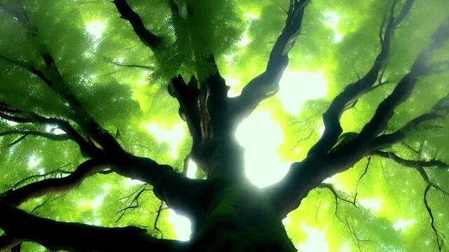 Looking up at tree trunk and green branches with sunlight shining through leaves, natural forest environment, beautiful nature view, peaceful outdoor scenery, green wilderness