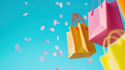 Colorful shopping bags falling with sakura tree on color background,spring season sale, shopping online season,holiday winter shopping bags and gift boxes,space for text.