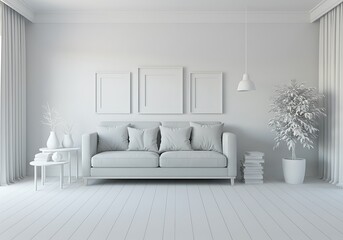 Minimalist all white living room with sofa frames plant and side tables for modern home decor style