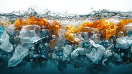A large mass of plastic and garbage floating in the ocean, highlighting the serious issue of marine pollution and environmental degradation