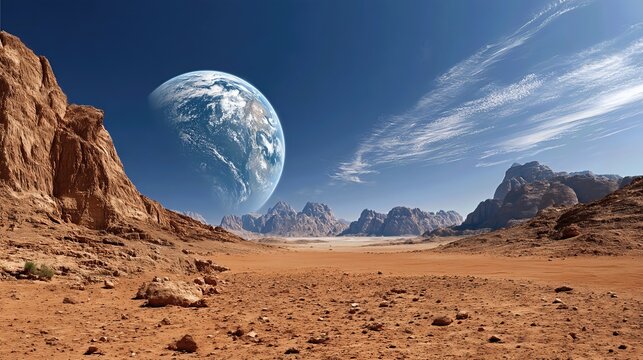 The rugged Martian landscape stretches out, with distant Earth shining like a lonely star.

