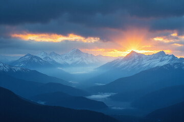 Obraz premium view of the sun setting over the mountains from the top of a mountain