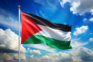 Palestinian flag, waving in the wind, vibrant colors, red green black white, dramatic sky, fluffy clouds, blue sky, sunlight, patriotic, national symbol, freedom, hope, high contrast, 