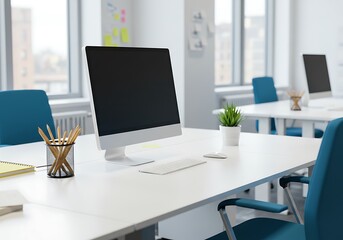 Fototapeta premium A modern office space with white desks computers and blue chairs in a bright and airy environment
