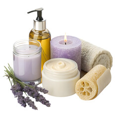 Relaxing Spa Day: Lavender Scented Candles, Body Lotion, and Bath Products on transparent background