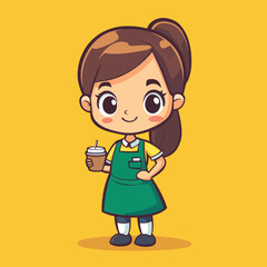 Barista girl mascot cute cartoon no details solid background bright