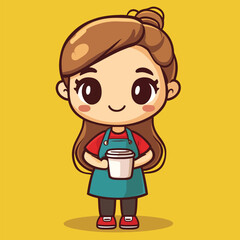 Barista girl mascot cute cartoon no details solid background bright