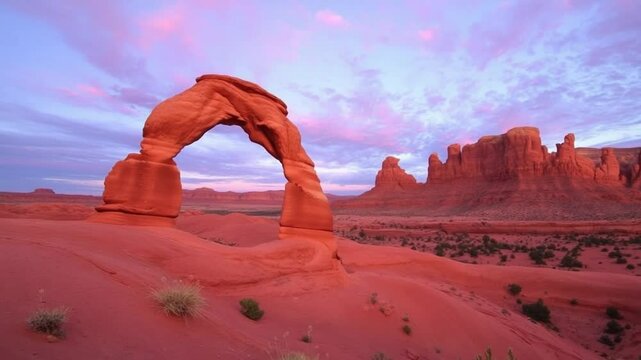 Spectacular sunrise at Delicate Arch, Arches National Park, Utah, showcasing majestic rock formations