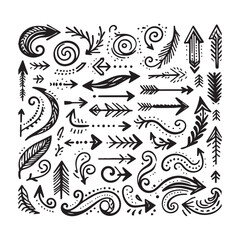 Hand drawn arrow set featuring curved, straight, dotted, and swirled arrows design