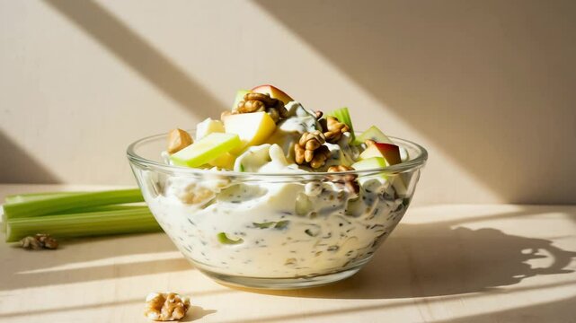 Waldorf salad, fresh apples, walnuts, and celery tossed with creamy dressing, served in a glass bowl, vibrant and healthy
