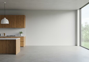 A modern kitchen with wooden cabinets island and a large window letting in natural light into the room