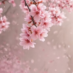 Obraz premium Delicate pink sakura petals drift, soft focus blossoms blur background , pretty, botany