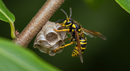 A paper wasp constructs its nest on a tree branch, showcasing intricate paper-like cells.	