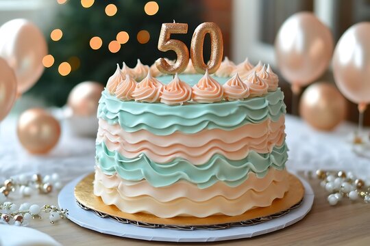 Elegant pastel-colored 50th birthday cake with ruffled frosting