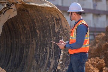 Construction surveyor or engineer working inspection damaged black corrugated pipe and construction...