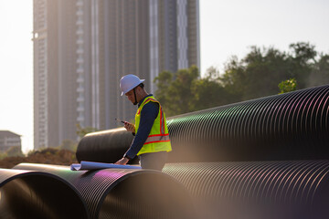 Engineer worker operations construction plans large black drainage pipe installing underground...