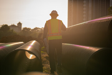 Engineer worker operations construction plans large black drainage pipe installing underground...