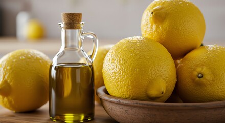Lemons and Liquid in Glass Bottle on Wooden Surface