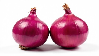 Two red onions, close-up, contrasting texture, pure white backdrop, natural, high resolution, round