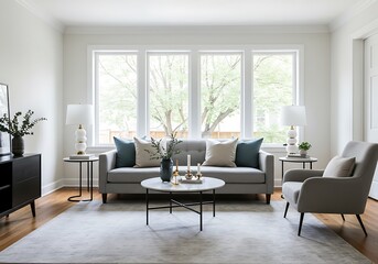 Fototapeta premium A living room with a gray sofa, a chair, a coffee table, and a large window with natural light