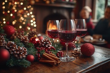 Christmas wine, festive table, cozy home