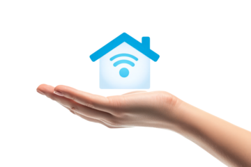 Hand holding a house with WiFi and smart technology icons, representing modern home automation, isolated on white