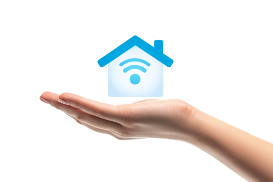 Hand holding a house with WiFi and smart technology icons, representing modern home automation, isolated on white